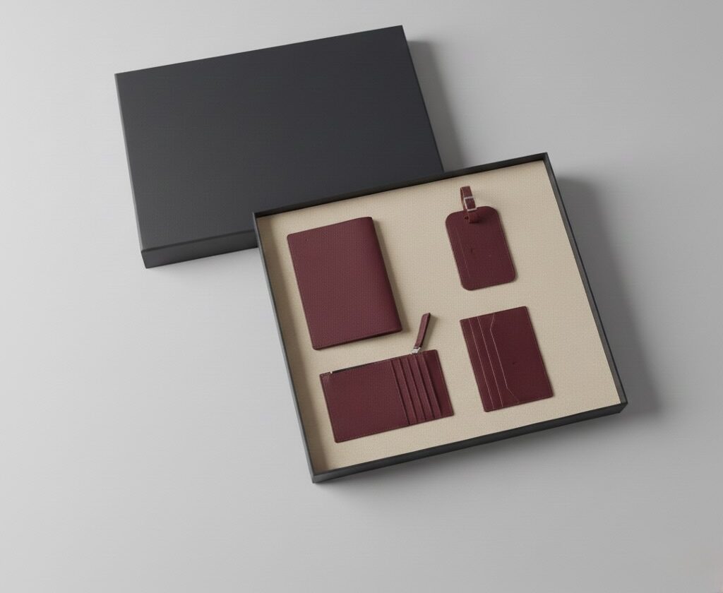 Premium Leather Travel Pack presented in corporate gift box with matching accessories