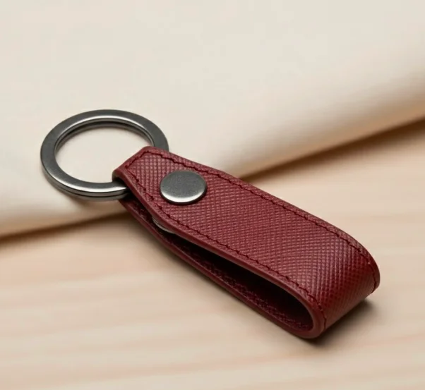 Maroon leather keyring with metal ring and textured finish