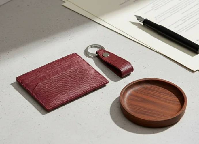 Leather card holder and matching key ring placed on a desk, premium leather accessories for corporate environment.