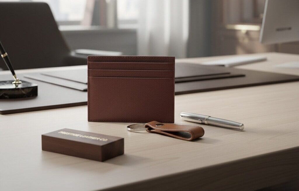 Tarjetero de cuero marrón con llavero a juego sobre escritorio, regalo corporativo premium para oficina
