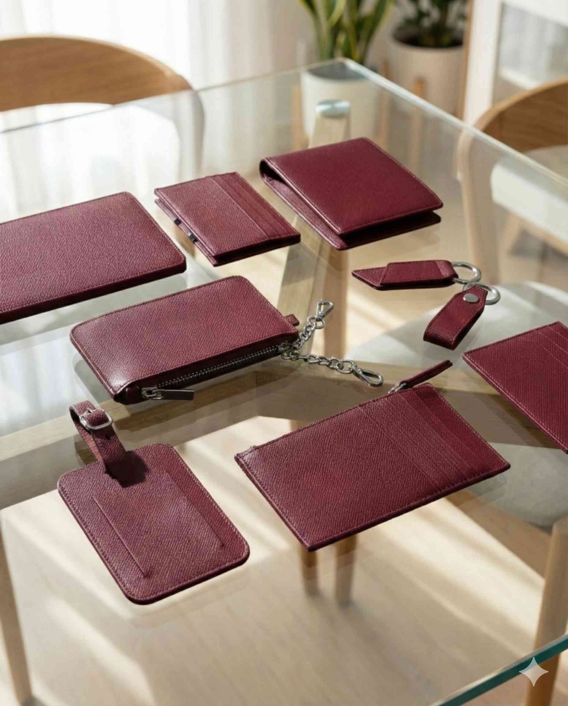 Set d'accessoires en cuir bordeaux de première qualité, portefeuille, porte-cartes et porte-étiquettes pour un usage professionnel.