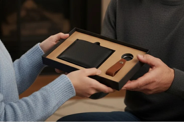 Welcome pack empresa con cartera y llavero de cuero presentado en caja corporativa.