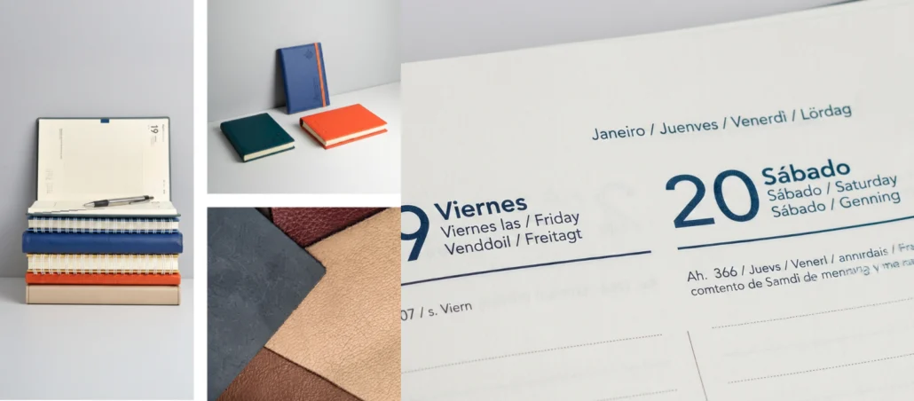 Composición de agendas 2027 abiertas y cerradas con páginas interiores, colores variados y detalles de materiales
