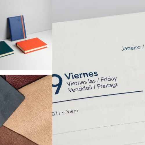 Composición de agendas 2027 abiertas y cerradas con páginas interiores, colores variados y detalles de materiales
