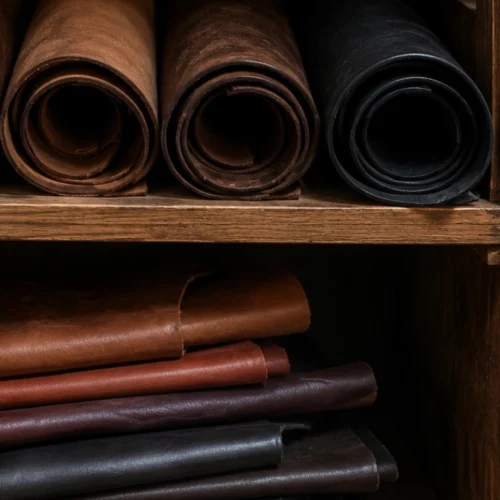 Rollos y piezas de cuero en distintos tonos almacenados en estanterías de un taller especializado en marroquinería y tapicería.