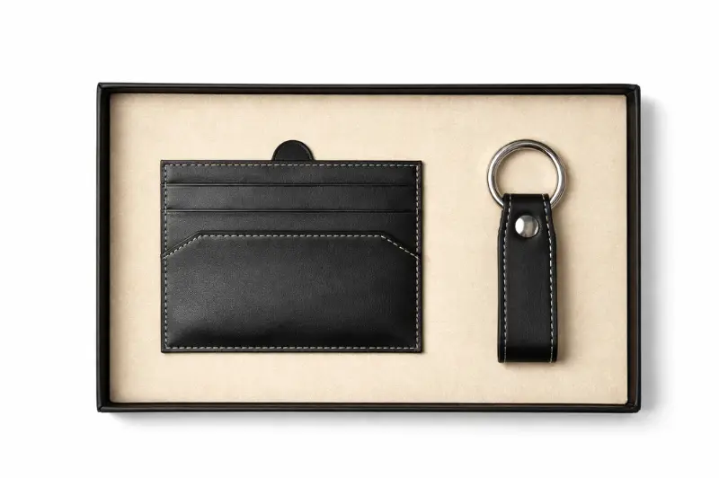 Essential Pack personalizado para empresas con tarjetero de piel, llavero y estuche de presentación premium.